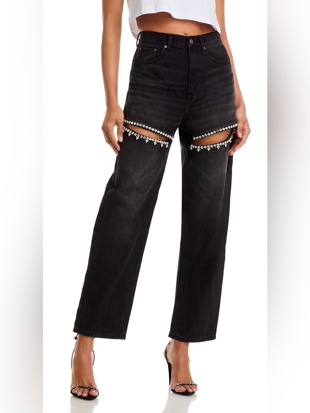 AREA Black Straight-Leg Jeans with Crystal Thigh Slits. - Picture 8 of 9